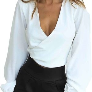 Long Sleeve Crossover Open Back Blouse